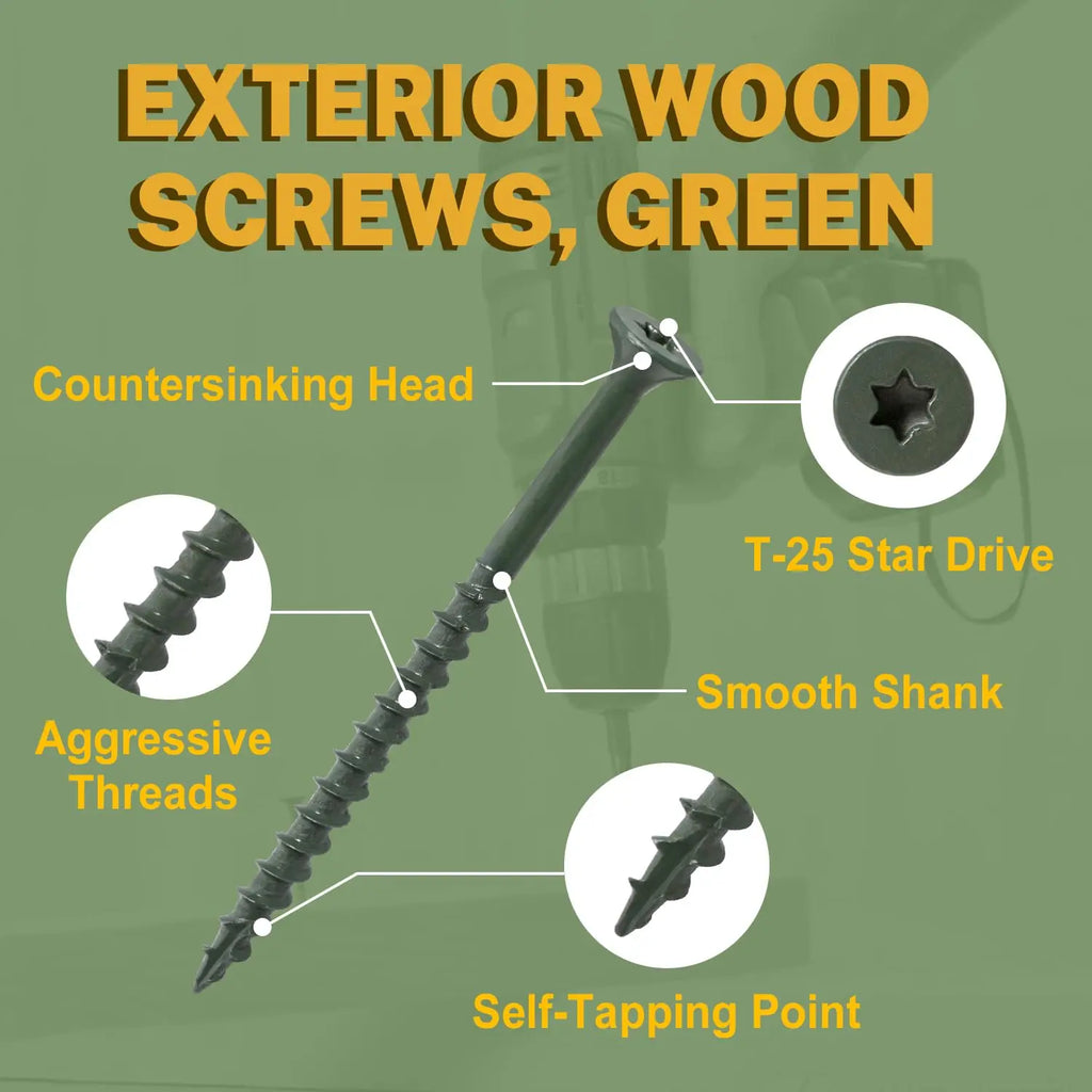 VKKM Grayish Green Self-Tapping Wood Screws #8×1, 400/650 Pieces, T25 Star Drive, Outdoor Deck Screws, with Epoxy Coating