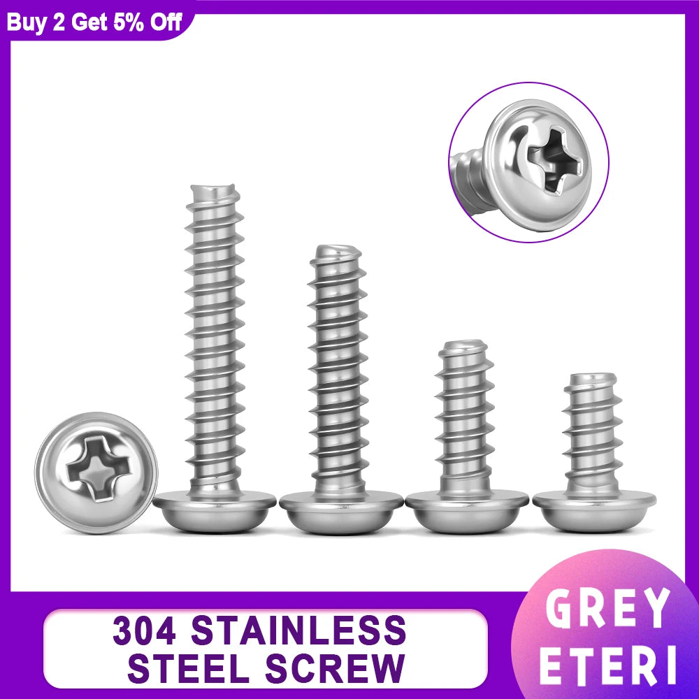 30-200pcs Phillips Screw PWB Round Head With Washer Self- tapping Screw PWB Screw for Woodworking M1.7 M2 M2.3 M2.6 M3 M3.5 M4