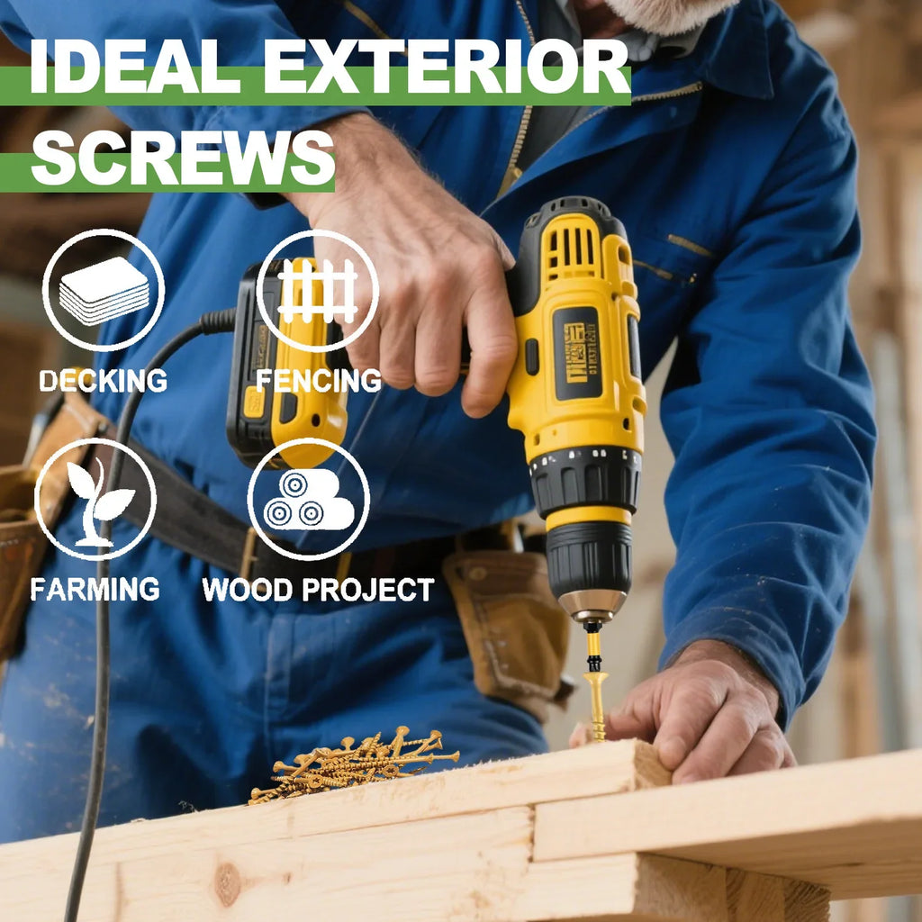 VKKM1.25-inch # 8 Deck Screws, 250 Self Tapping Wood Screws, Epoxy Resin Coating, Sent with T25 Star Shaped Batch Head, Yellow.