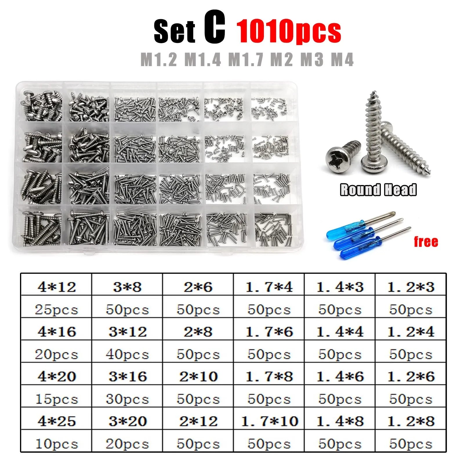 1 Box M1.2 M1.4 M1.7 M2 M3 M4 Cross Phillips Round Pan Head Self Tapping Wood Screw Set Kit A2 304 Stainless Steel GB845