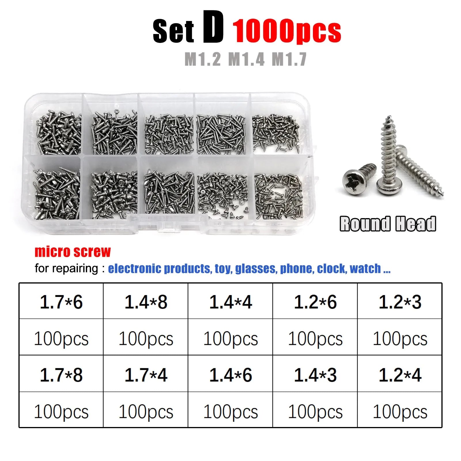 1 Box M1.2 M1.4 M1.7 M2 M3 M4 Cross Phillips Round Pan Head Self Tapping Wood Screw Set Kit A2 304 Stainless Steel GB845