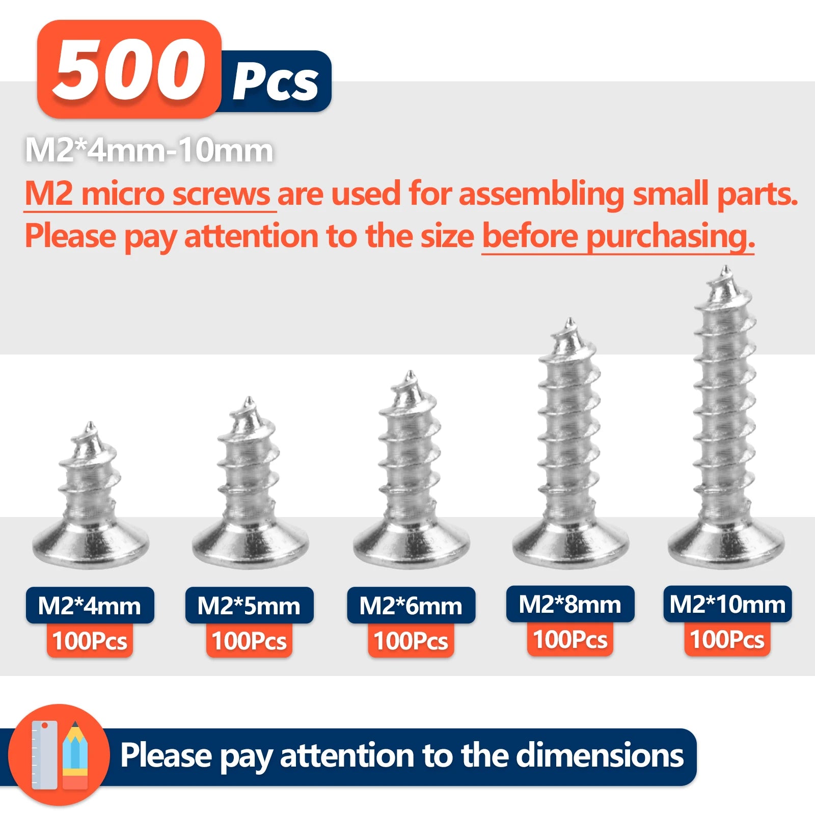 500pcs M2 Self Tapping Phillips Screws Assortment Kit 5 Sizes Alloy Steel Cross Drive Flat Head Self Drilling Wood Screws DIY