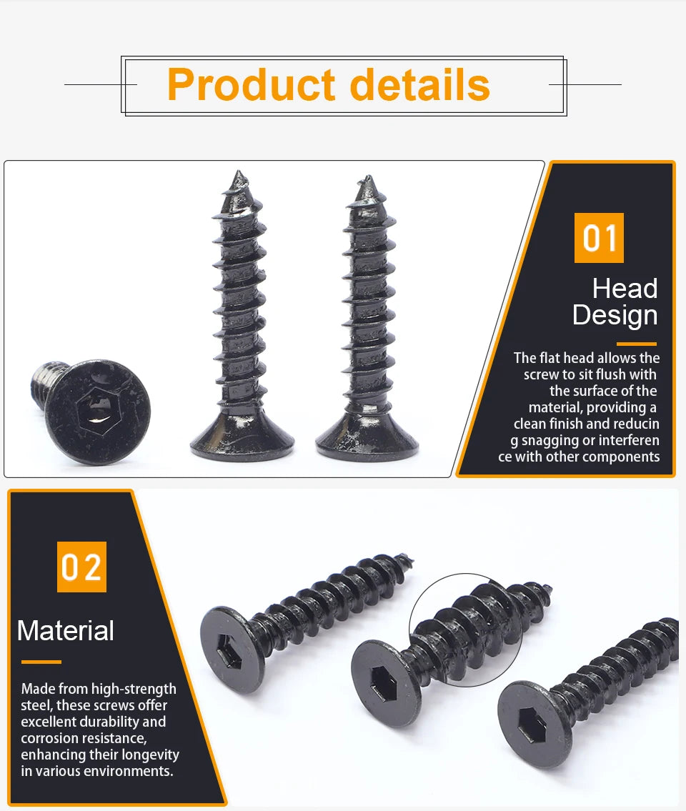 JUIDINTO 10-50pcs Black Hex Hexagon Socket Flat Head Self Tapping Screw 8.8Grade m2 m4 m5 m6 Allen Head Countersunk Wood Screw