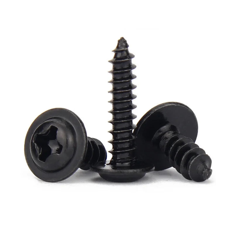 100pcs/lot Black Self-tapping Screw Pan Head PWA Cross Round Head With Washer Cushion M1.4 M1.7 M2 M2.3 M2.6 M3 M3.5 M4