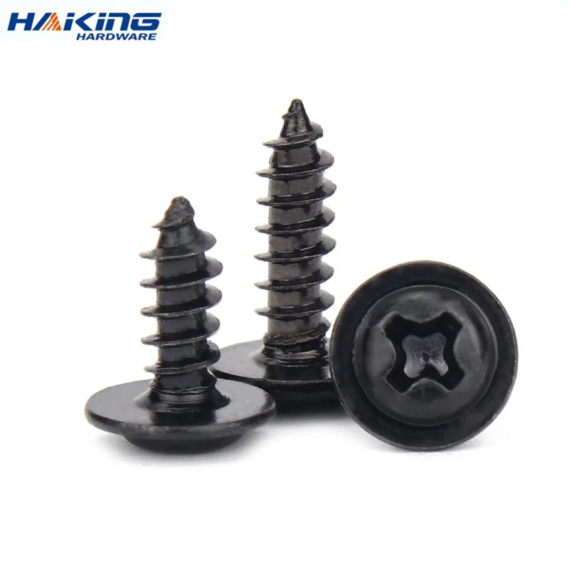 100pcs/lot Black Self-tapping Screw Pan Head PWA Cross Round Head With Washer Cushion M1.4 M1.7 M2 M2.3 M2.6 M3 M3.5 M4