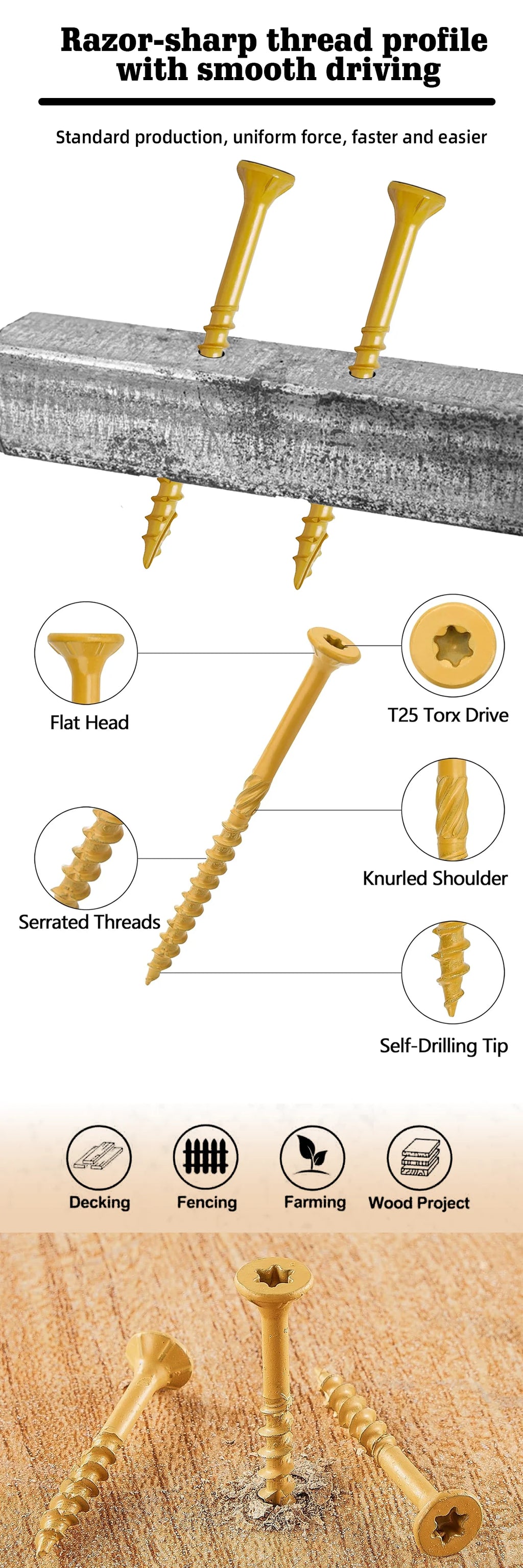 VKKM1.25-inch # 8 Deck Screws, 250 Self Tapping Wood Screws, Epoxy Resin Coating, Sent with T25 Star Shaped Batch Head, Yellow.
