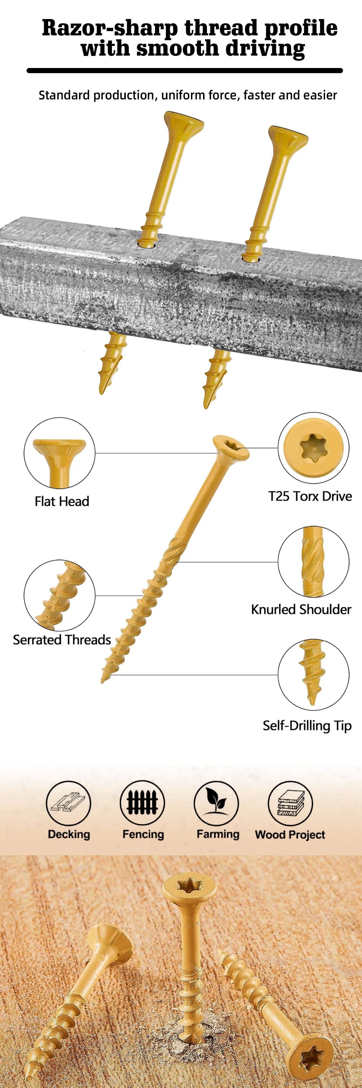 VKKM1.25-inch # 8 Deck Screws, 250 Self Tapping Wood Screws, Epoxy Resin Coating, Sent with T25 Star Shaped Batch Head, Yellow.
