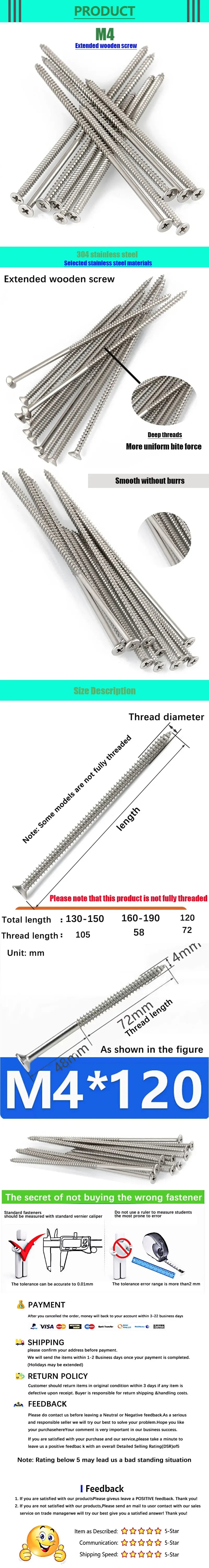 5PCS M4 lengthening Flat Head Tapping Long Wood Screw Stainless steel Cross Countersunk Head Self Tapping Long 200mm Screws