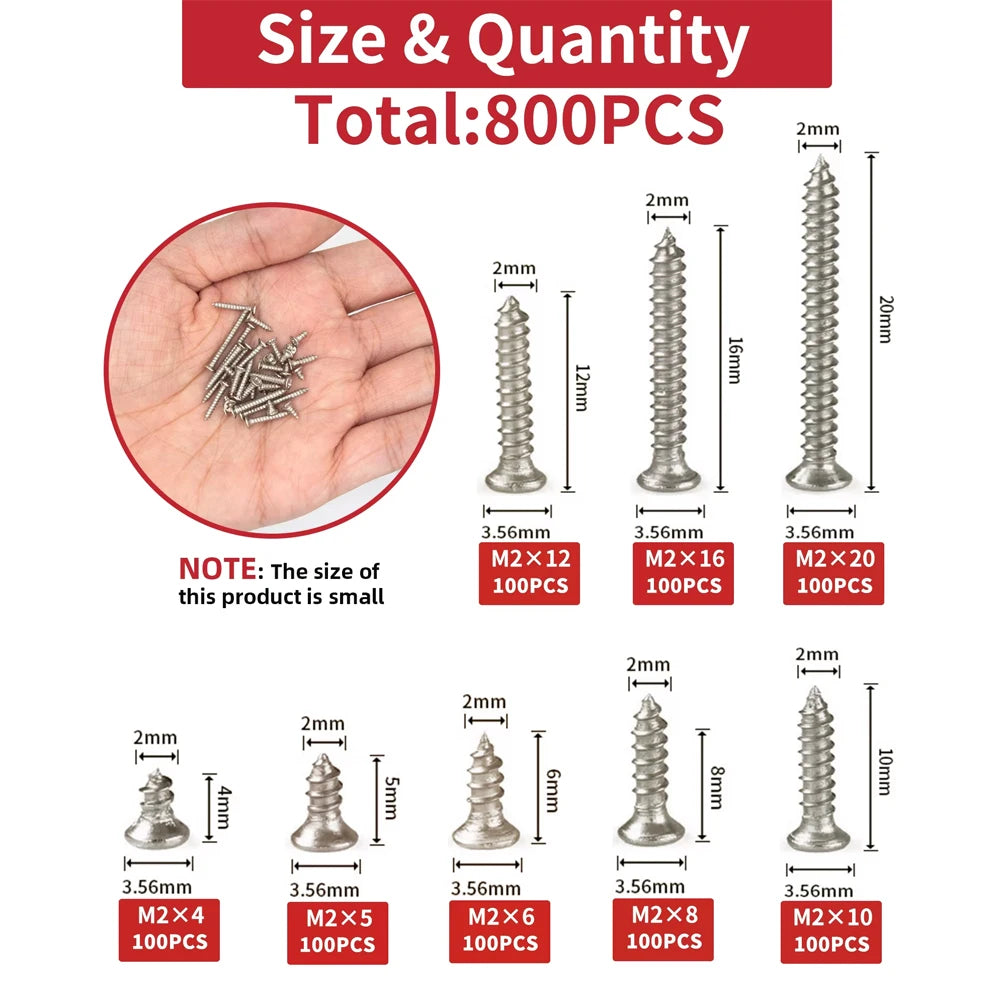 800pcs M2 Self Tapping Screw Assortment Kit Tapping Screw Assortment Kit Lock Nut Wood Thread Nail Screw Sets Self Lock Nut Wood