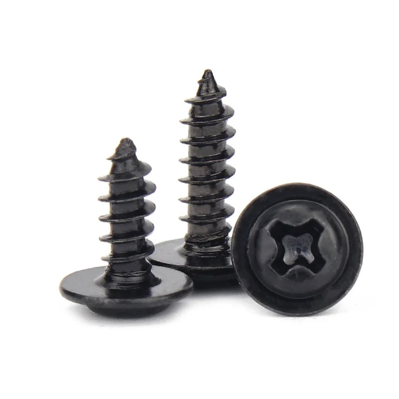 100pcs/lot Black Self-tapping Screw Pan Head PWA Cross Round Head With Washer Cushion M1.4 M1.7 M2 M2.3 M2.6 M3 M3.5 M4