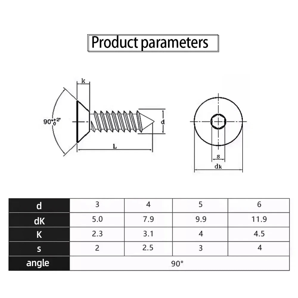 JUIDINTO 10-50pcs Black Hex Hexagon Socket Flat Head Self Tapping Screw 8.8Grade m2 m4 m5 m6 Allen Head Countersunk Wood Screw