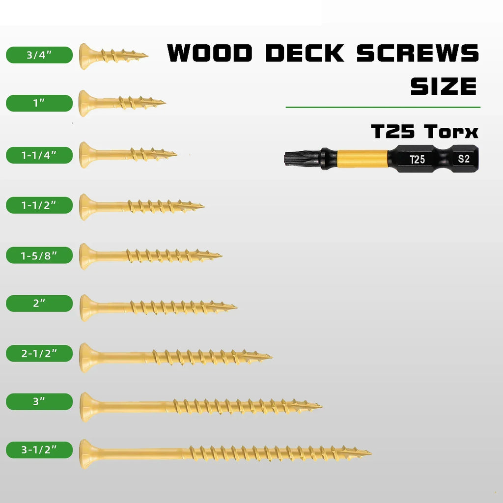 VKKM1.25-inch # 8 Deck Screws, 250 Self Tapping Wood Screws, Epoxy Resin Coating, Sent with T25 Star Shaped Batch Head, Yellow.