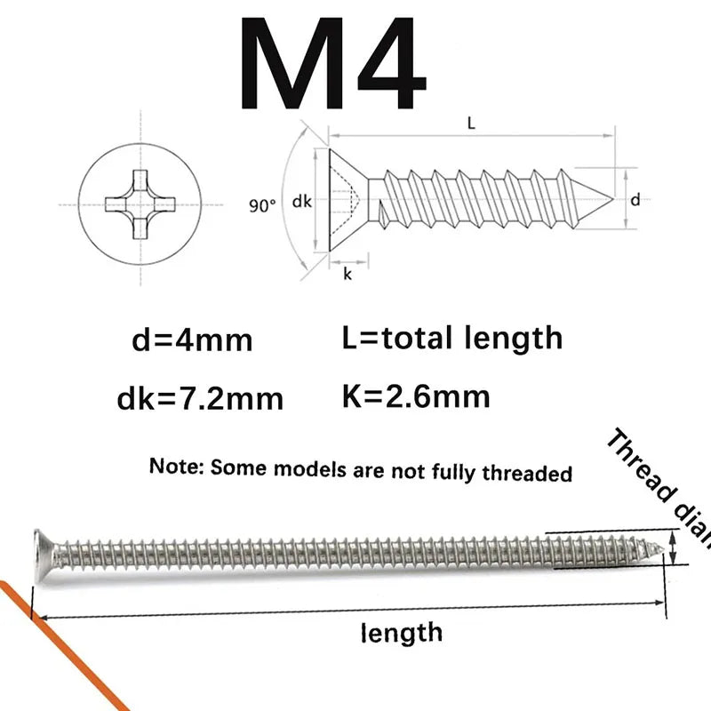 5PCS M4 lengthening Flat Head Tapping Long Wood Screw Stainless steel Cross Countersunk Head Self Tapping Long 200mm Screws