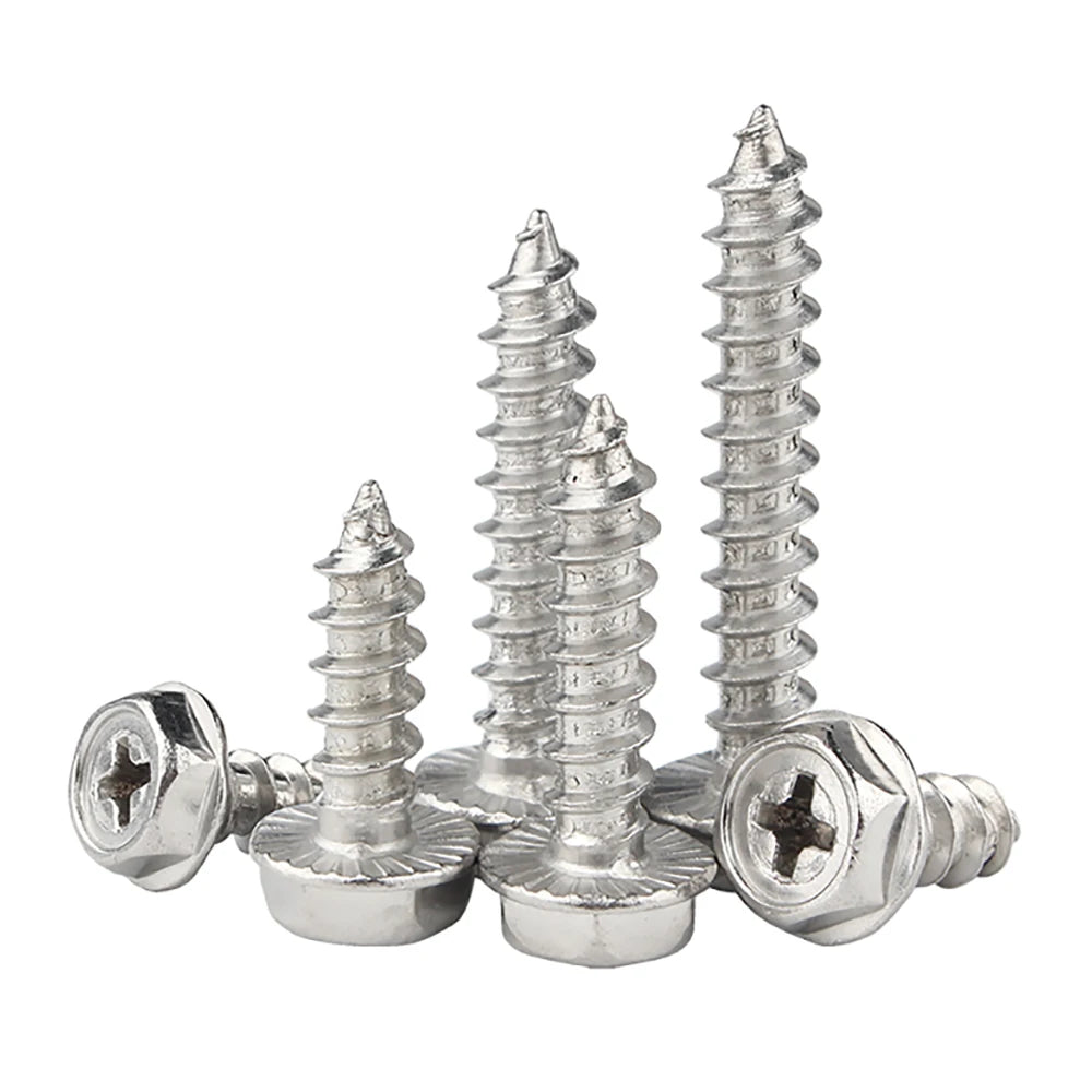 5 -10 pcs 304 Stainless Steel Self-Tapping Phillips Hex Screw Cross Hexagonal Flange Cross Head Screws Wood Nail M3 M4 M5 M6