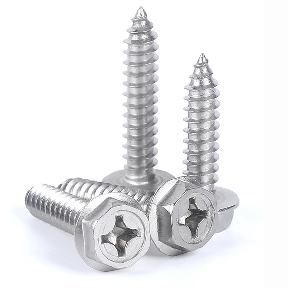 5 -10 pcs 304 Stainless Steel Self-Tapping Phillips Hex Screw Cross Hexagonal Flange Cross Head Screws Wood Nail M3 M4 M5 M6