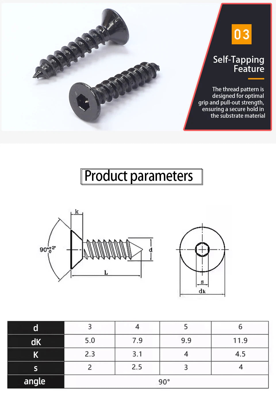 JUIDINTO 10-50pcs Black Hex Hexagon Socket Flat Head Self Tapping Screw 8.8Grade m2 m4 m5 m6 Allen Head Countersunk Wood Screw
