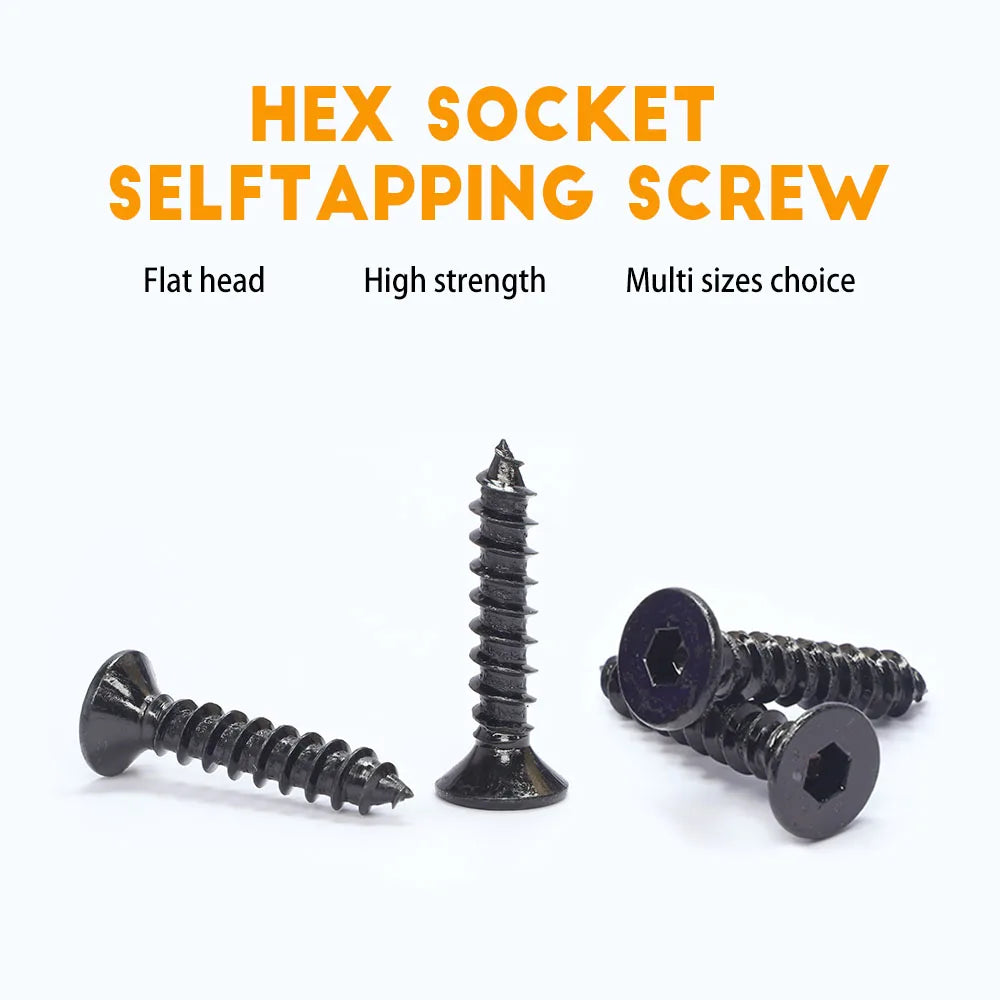 JUIDINTO 10-50pcs Black Hex Hexagon Socket Flat Head Self Tapping Screw 8.8Grade m2 m4 m5 m6 Allen Head Countersunk Wood Screw