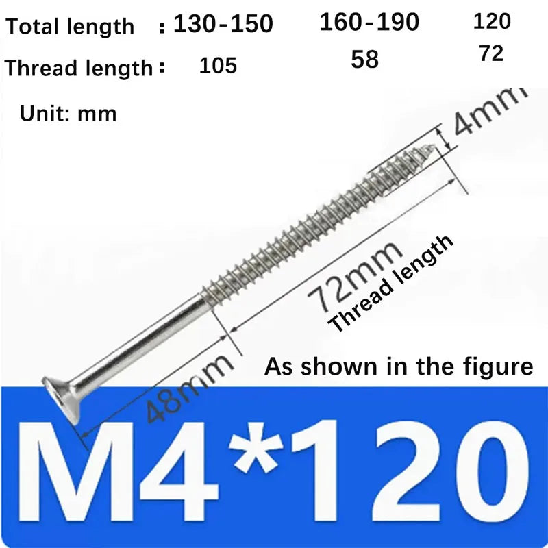 5PCS M4 lengthening Flat Head Tapping Long Wood Screw Stainless steel Cross Countersunk Head Self Tapping Long 200mm Screws