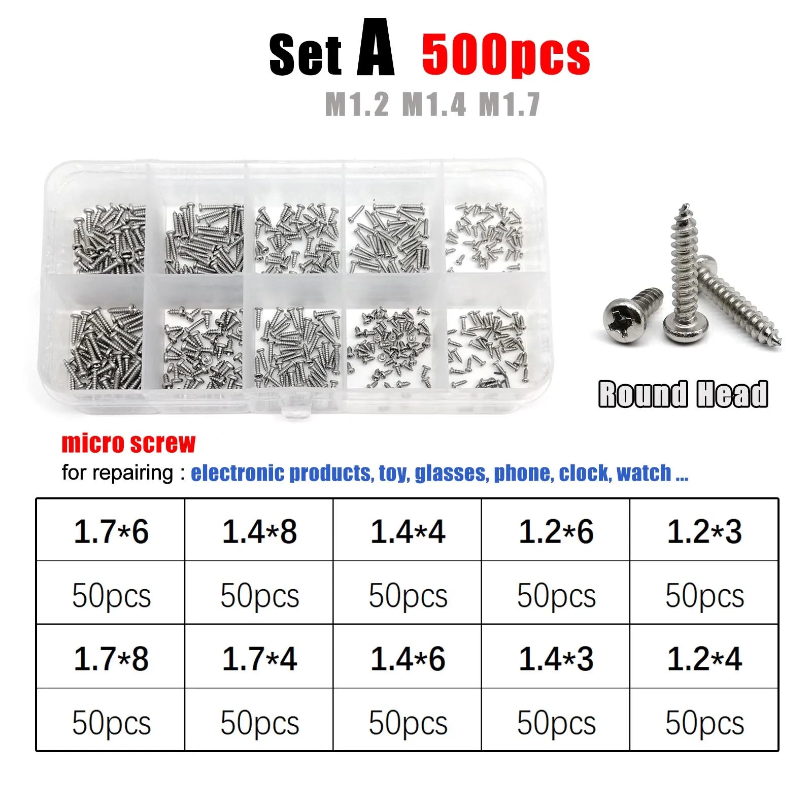 1 Box M1.2 M1.4 M1.7 M2 M3 M4 Cross Phillips Round Pan Head Self Tapping Wood Screw Set Kit A2 304 Stainless Steel GB845