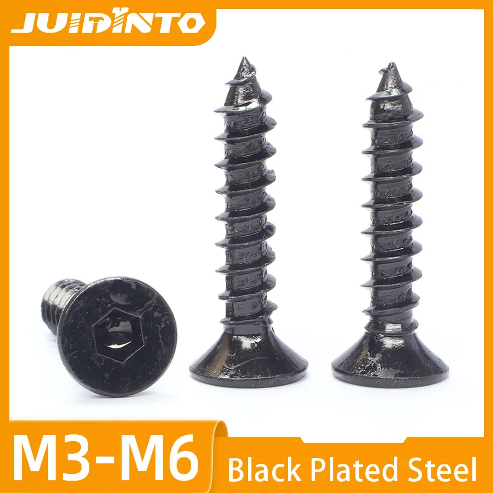 JUIDINTO 10-50pcs Black Hex Hexagon Socket Flat Head Self Tapping Screw 8.8Grade m2 m4 m5 m6 Allen Head Countersunk Wood Screw