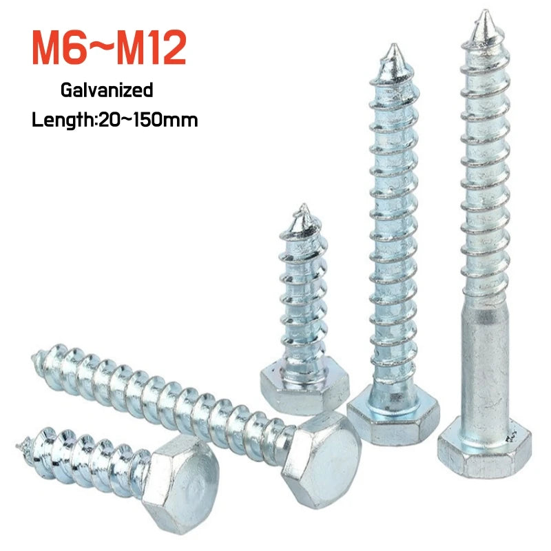 1~10pcs M6 M8 M10 M12 Hexagon Head Self-tapping Wood Screws Lag Bolts Carbon Steel Galvanized Length 20~150m