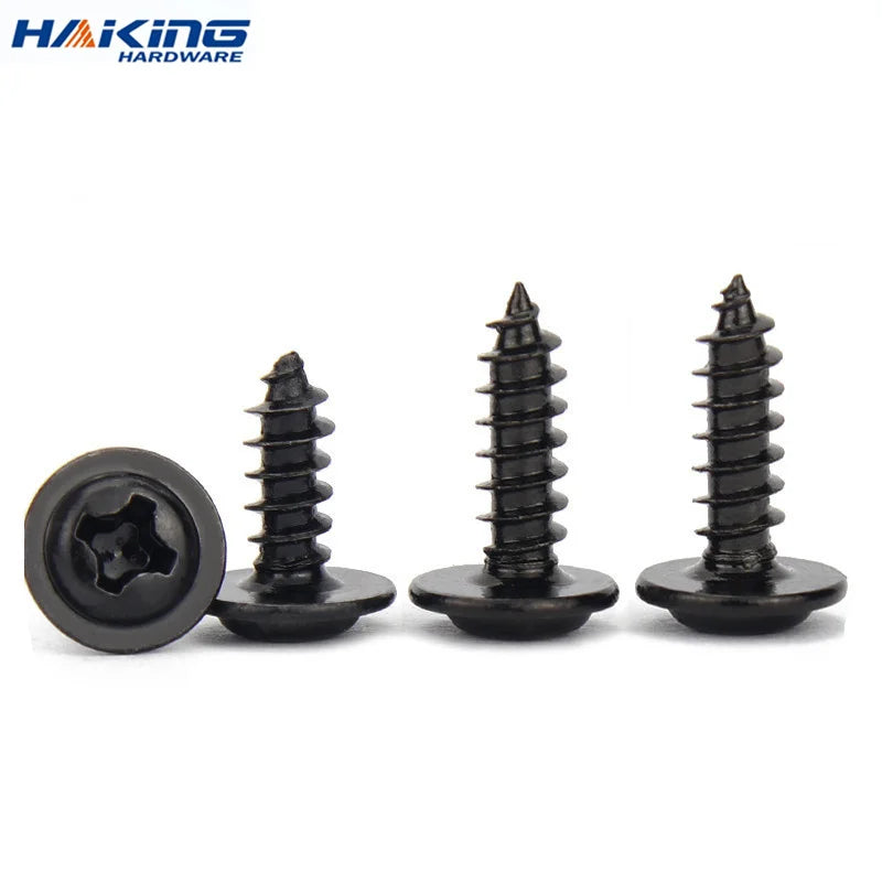100pcs/lot Black Self-tapping Screw Pan Head PWA Cross Round Head With Washer Cushion M1.4 M1.7 M2 M2.3 M2.6 M3 M3.5 M4