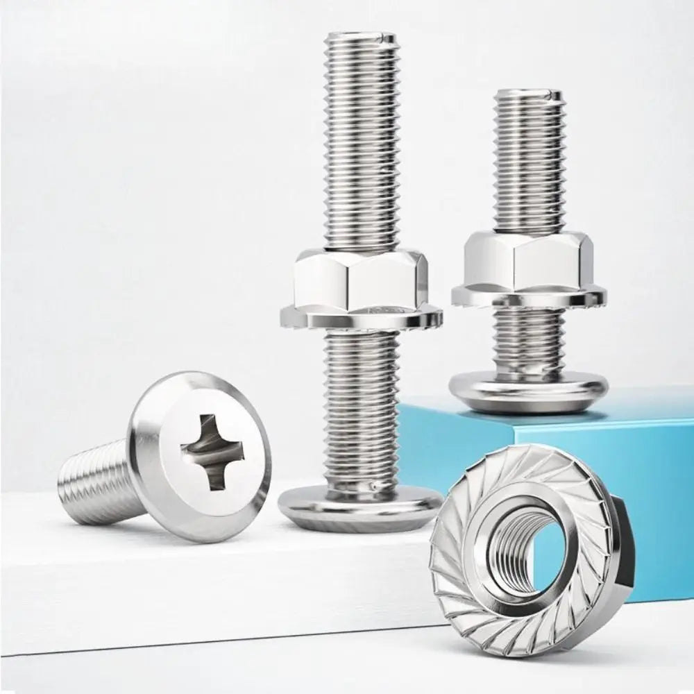 M6 M8 304 Stainless Steel Screws Flat Washers Lock Washers Bolts and Nut Set Cross Recessed Wafer Allen Head Bolt